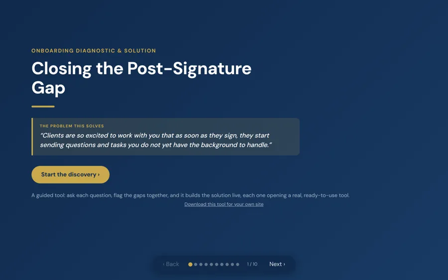Title screen of the onboarding diagnostic: Closing the Post-Signature Gap, with the client pain quote and a start button