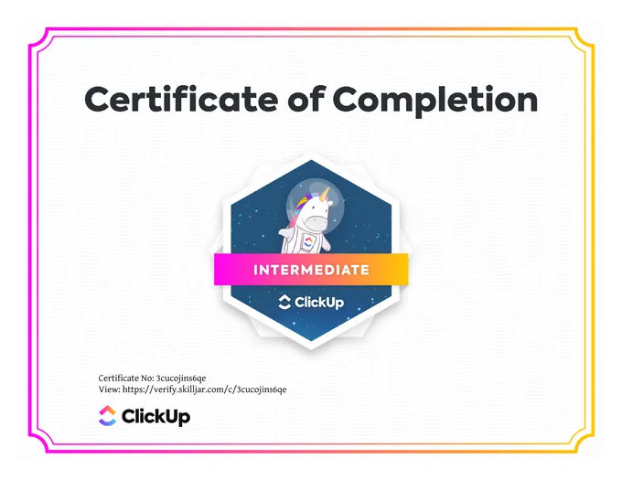 Certificate, ClickUp Intermediate
