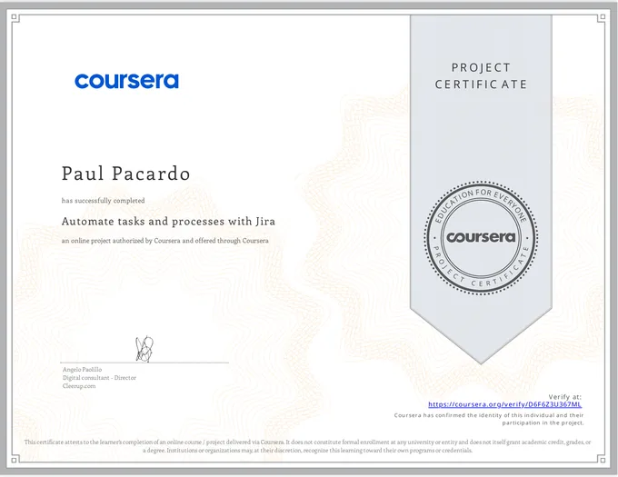 Certificate, Automate tasks and processes with Jira