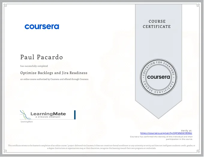 Certificate, Optimize Backlogs and Jira Readiness
