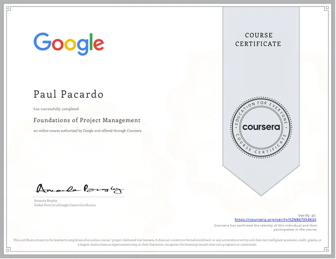Certificate, Foundations of Project Management