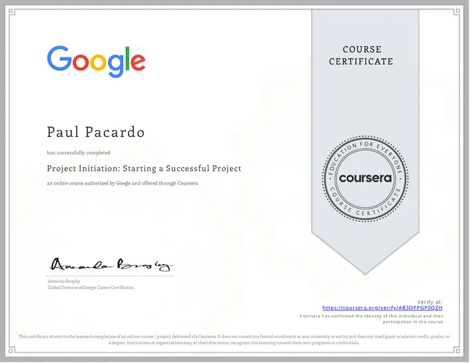Certificate, Project Initiation: Starting a Successful Project